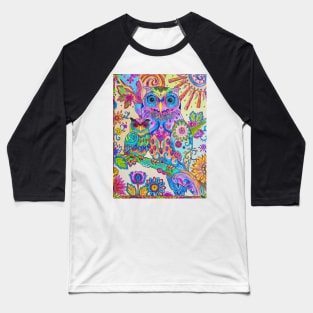 Colorful Pencil Sketch Owl Doodle Art Motif Baseball T-Shirt